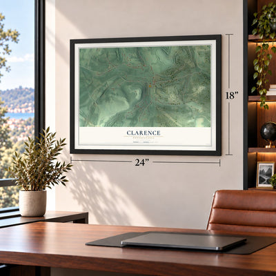 Clarence, Pennsylvania map, 18 x 24 inch print in a black frame in a home office