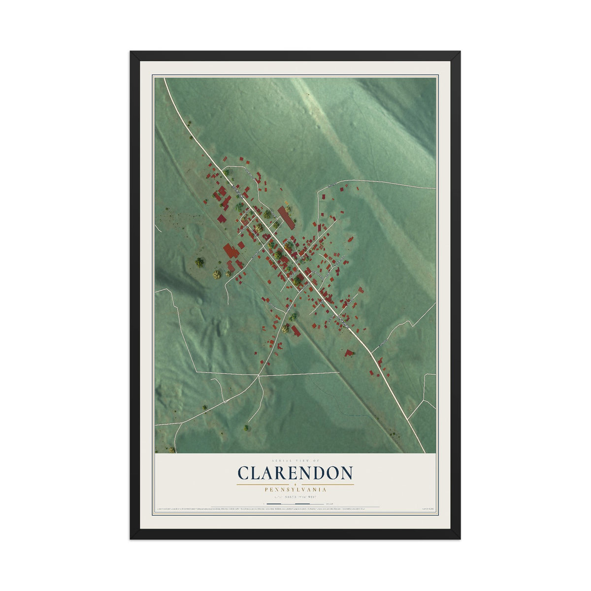 Map of Clarendon, Pennsylvania, 12 x 18 inch print in a black wood frame