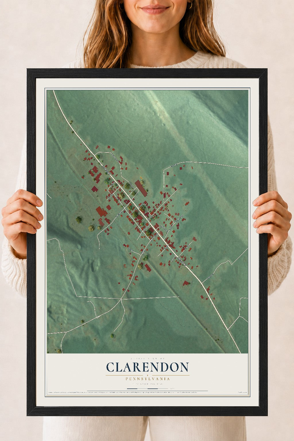 Map of Clarendon, Pennsylvania, 18 x 24 inch print in a black wood frame