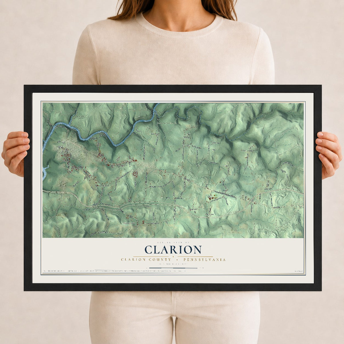 Map of Clarion, Clarion County, Pennsylvania, 12 x 18 inch print in a black wood frame