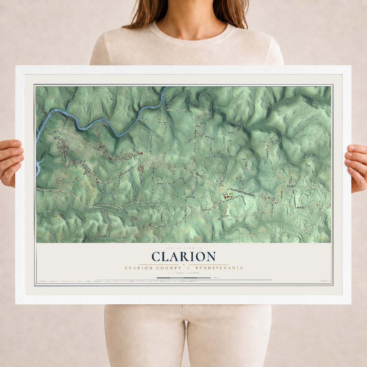 Map of Clarion, Clarion County, Pennsylvania, 18 x 24 inch print in a white wood frame