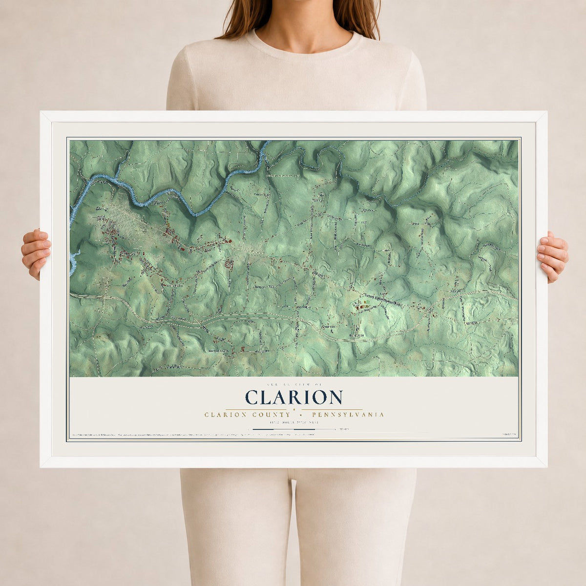 Map of Clarion, Clarion County, Pennsylvania, 24 x 36 inch print in a white wood frame