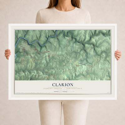 Map of Clarion, Clarion County, Pennsylvania, 24 x 36 inch print in a white wood frame