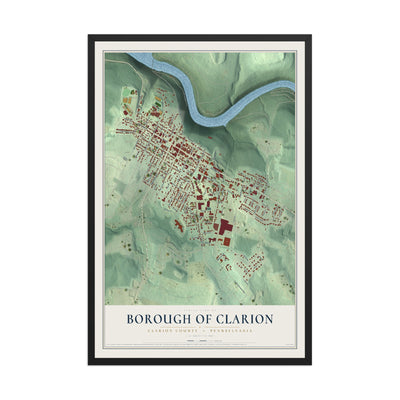 Map of the Borough of Clarion, Clarion County, Pennsylvania, 12 x 18 inch print in a black wood frame