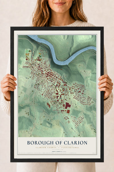 Map of the Borough of Clarion, Clarion County, Pennsylvania, 18 x 24 inch print in a black wood frame