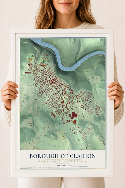 Map of the Borough of Clarion, Clarion County, Pennsylvania, 18 x 24 inch print in a white wood frame