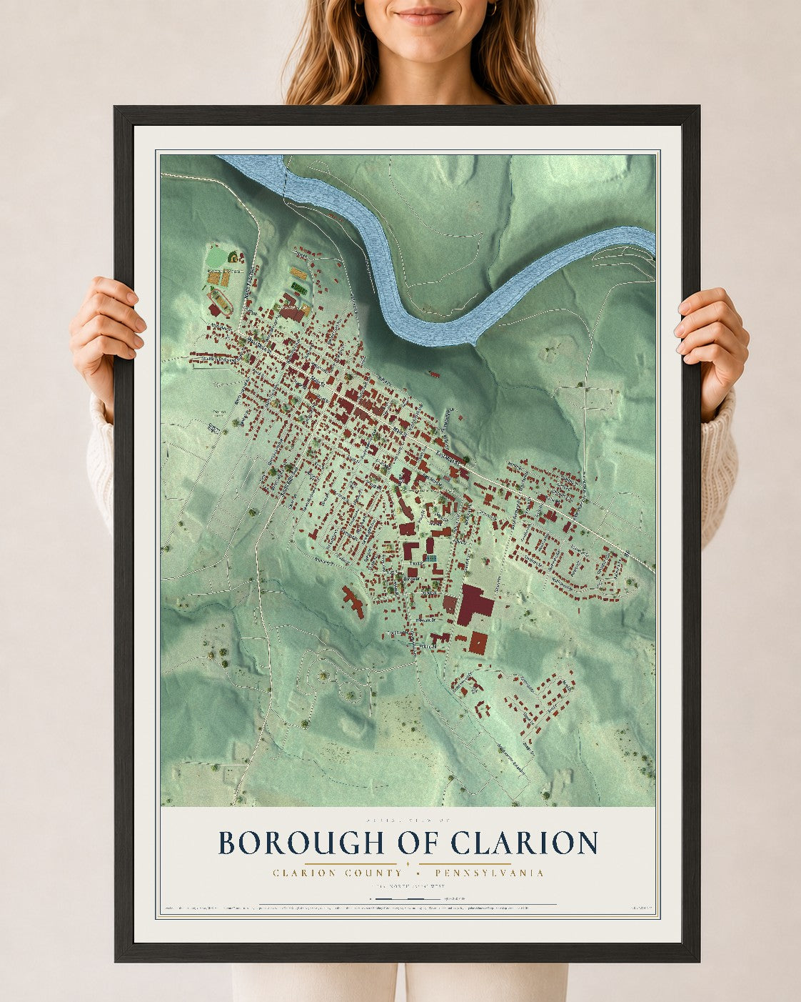 Map of the Borough of Clarion, Clarion County, Pennsylvania, 24 x 36 inch print in a black wood frame