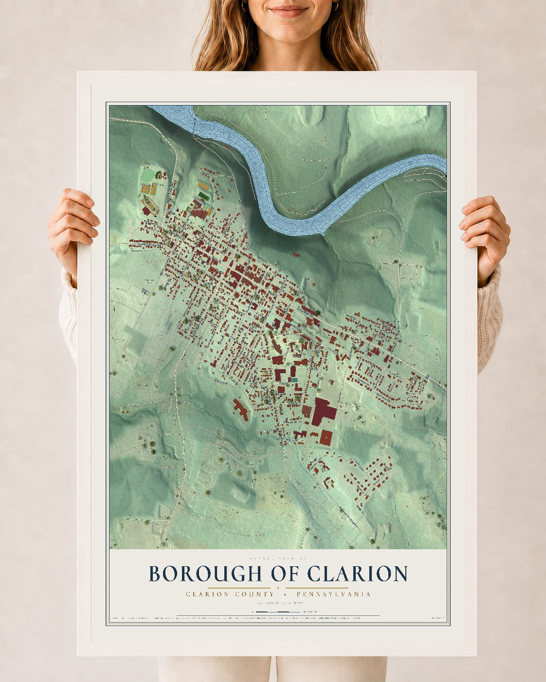 Map of the Borough of Clarion, Clarion County, Pennsylvania, 24 x 36 inch print in a white wood frame