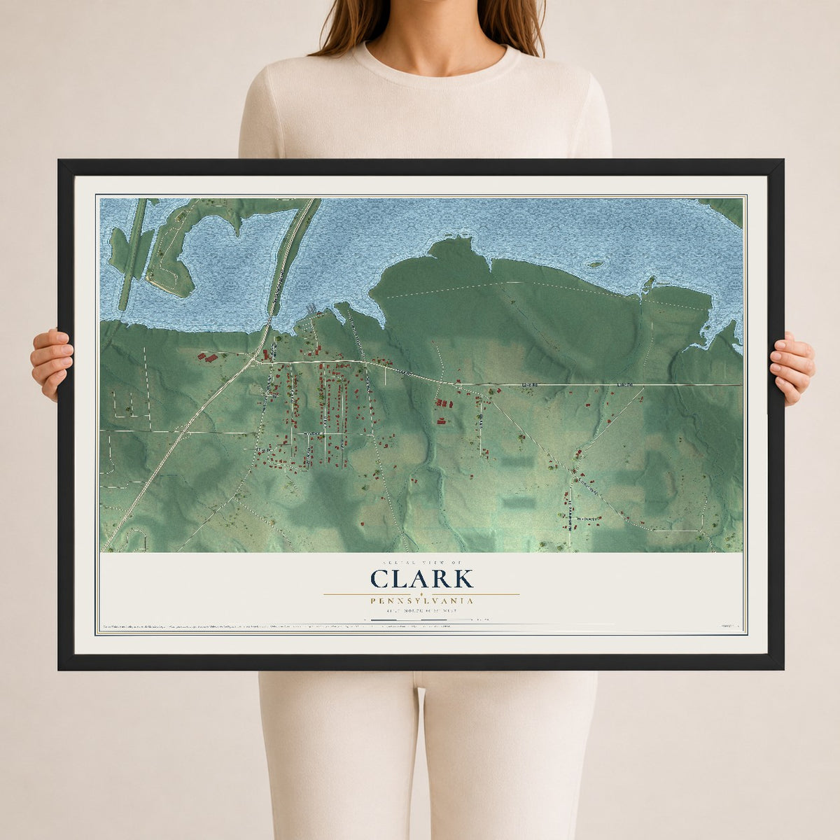 Map of Clark, Pennsylvania, 24 x 36 inch print in a black wood frame