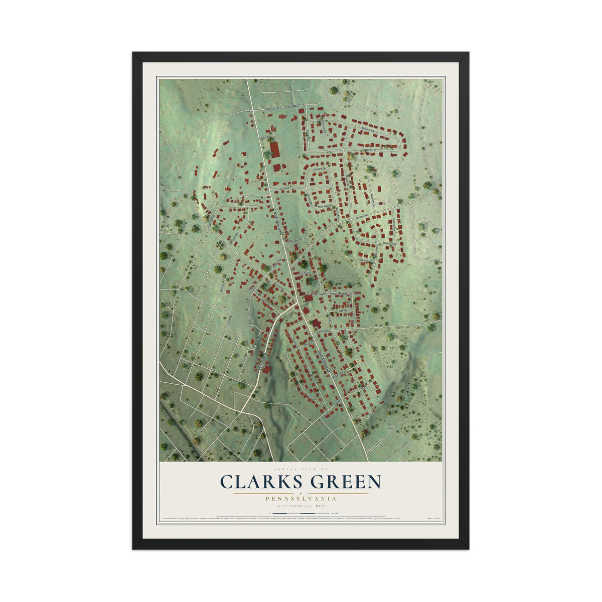 Map of Clarks Green, Pennsylvania, 12 x 18 inch print in a black wood frame