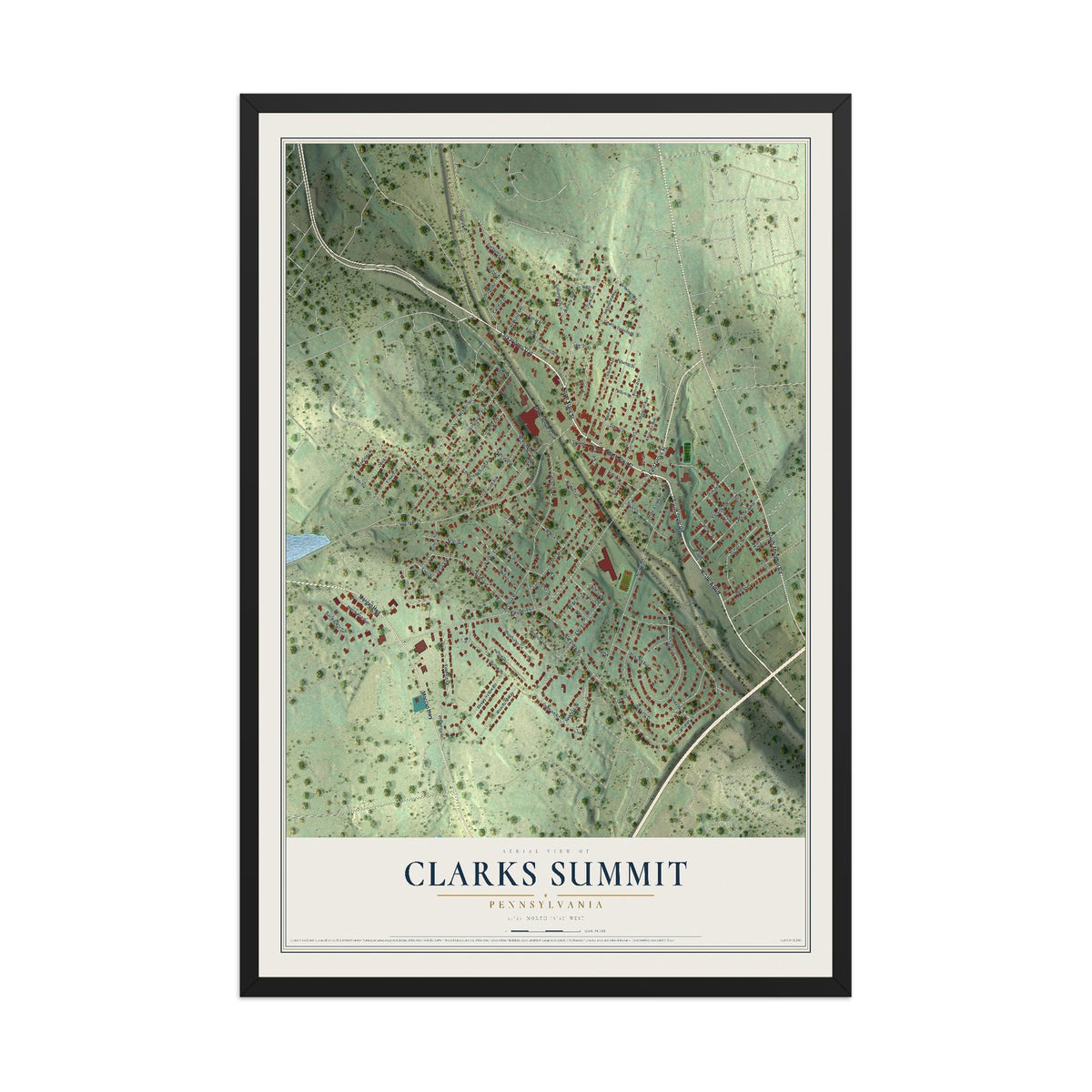 Map of Clarks Summit, Pennsylvania, 12 x 18 inch print in a black wood frame