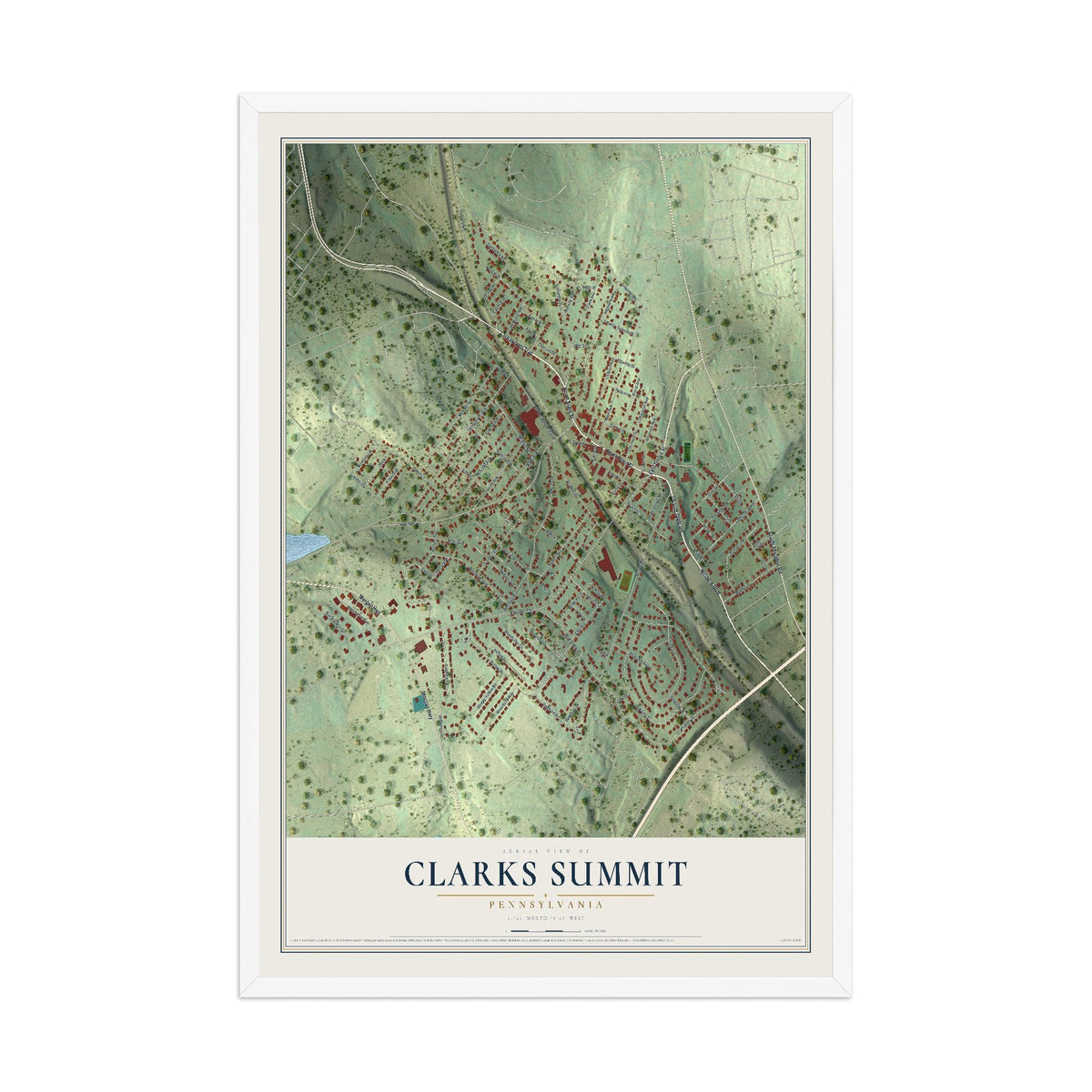 Map of Clarks Summit, Pennsylvania, 12 x 18 inch print in a white wood frame