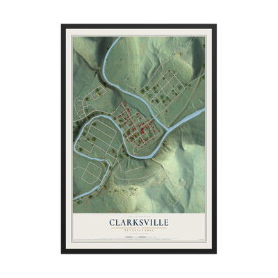 Map of Clarksville, Pennsylvania, 12 x 18 inch print in a black wood frame