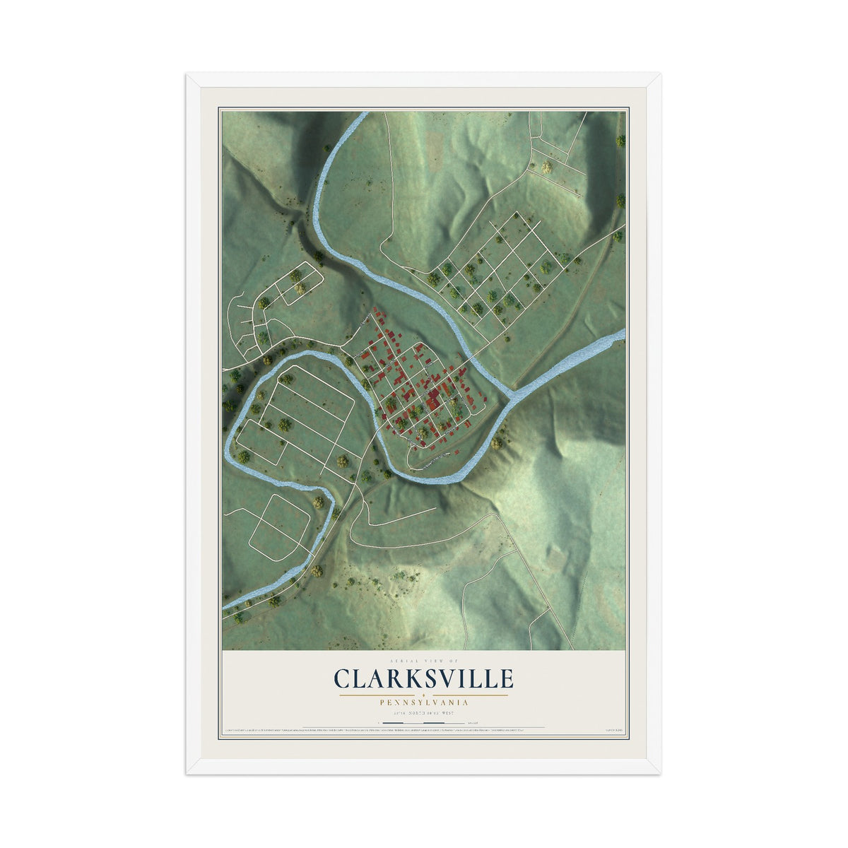 Map of Clarksville, Pennsylvania, 12 x 18 inch print in a white wood frame