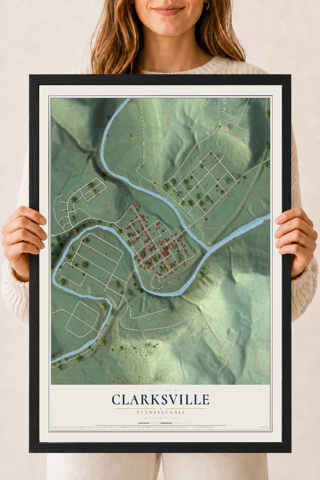 Map of Clarksville, Pennsylvania, 18 x 24 inch print in a black wood frame