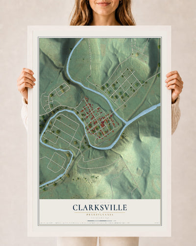 Map of Clarksville, Pennsylvania, 24 x 36 inch print in a white wood frame