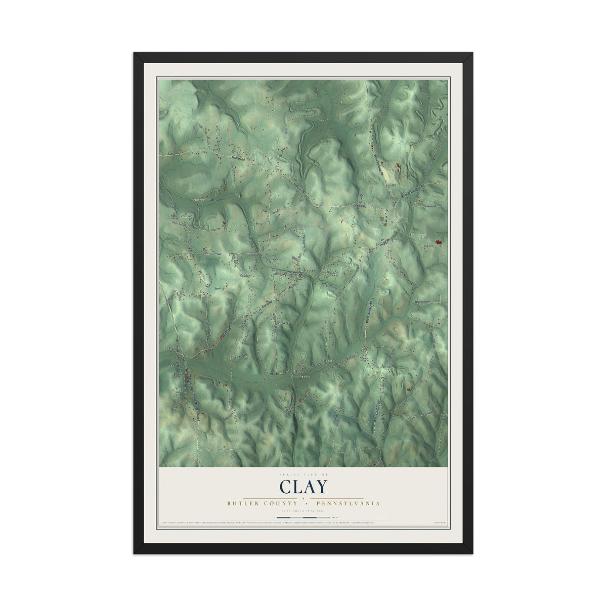 Map of Clay, Butler County, Pennsylvania, 12 x 18 inch print in a black wood frame