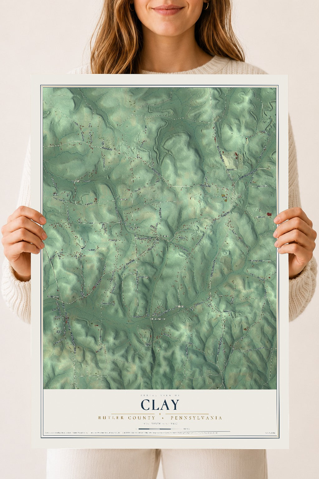 Map of Clay, Butler County, Pennsylvania, 18 x 24 inch unframed archival matte print