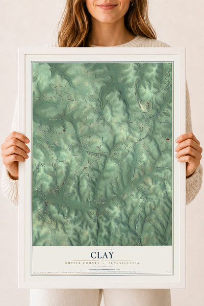 Map of Clay, Butler County, Pennsylvania, 18 x 24 inch print in a white wood frame