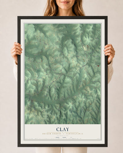 Map of Clay, Butler County, Pennsylvania, 24 x 36 inch print in a black wood frame