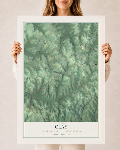 Map of Clay, Butler County, Pennsylvania, 24 x 36 inch print in a white wood frame
