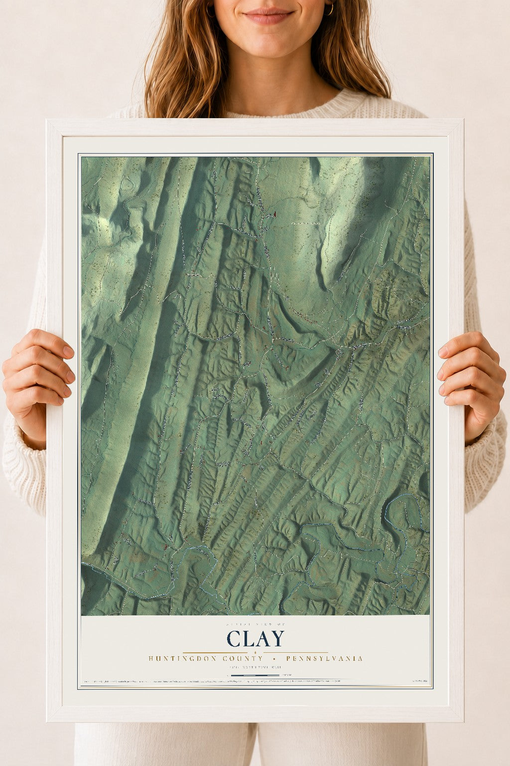 Map of Clay, Huntingdon County, Pennsylvania, 18 x 24 inch print in a white wood frame