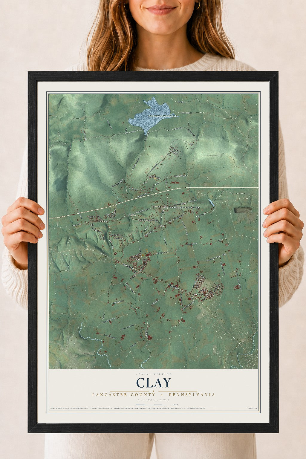 Map of Clay, Lancaster County, Pennsylvania, 18 x 24 inch print in a black wood frame