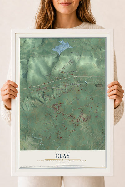 Map of Clay, Lancaster County, Pennsylvania, 18 x 24 inch print in a white wood frame