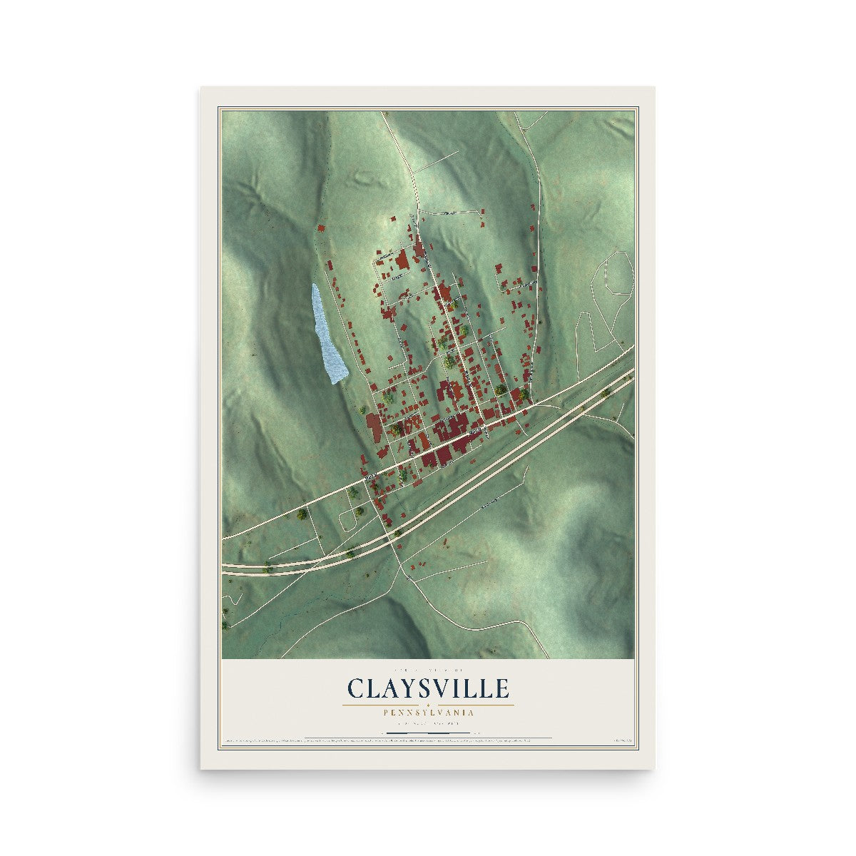 Map of Claysville, Pennsylvania, 12 x 18 inch unframed archival matte print