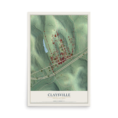 Map of Claysville, Pennsylvania, 12 x 18 inch unframed archival matte print