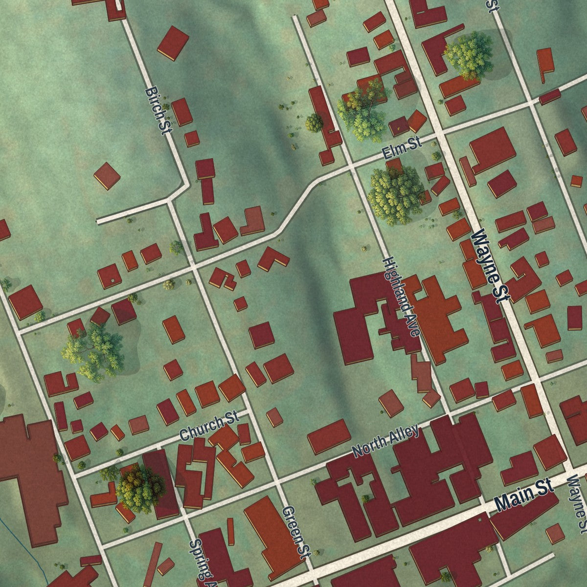 Close-up of the map of Claysville, Pennsylvania print showing street and building detail