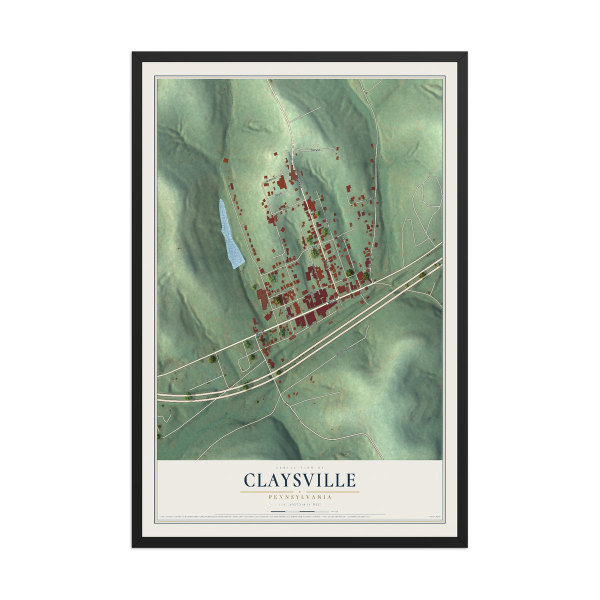 Map of Claysville, Pennsylvania, 12 x 18 inch print in a black wood frame