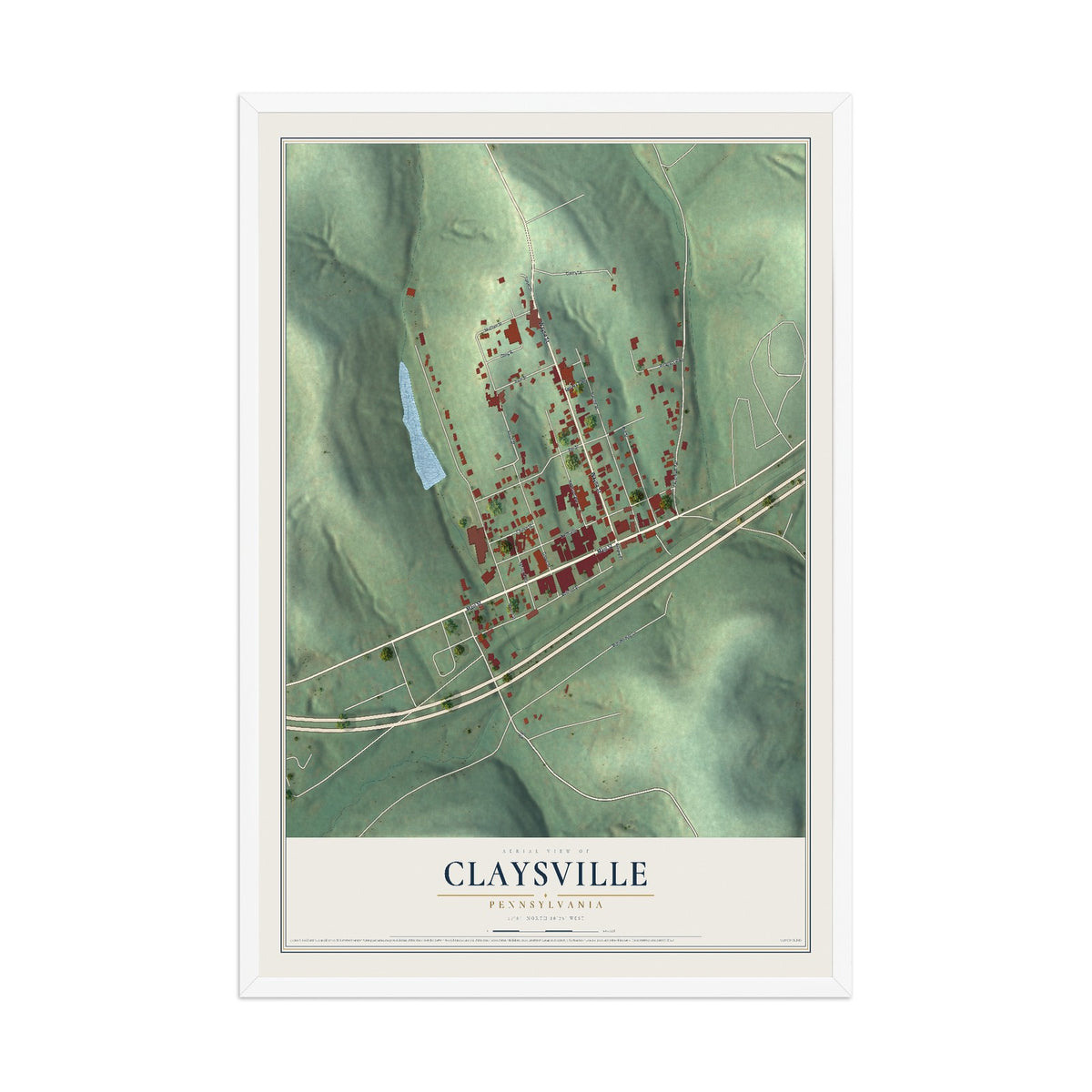 Map of Claysville, Pennsylvania, 12 x 18 inch print in a white wood frame