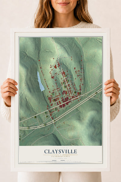 Map of Claysville, Pennsylvania, 18 x 24 inch print in a white wood frame