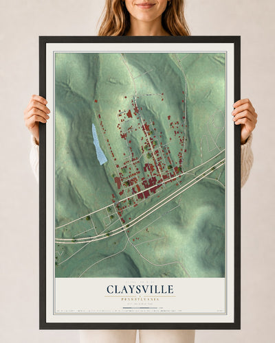 Map of Claysville, Pennsylvania, 24 x 36 inch print in a black wood frame