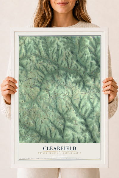 Map of Clearfield, Butler County, Pennsylvania, 18 x 24 inch print in a white wood frame