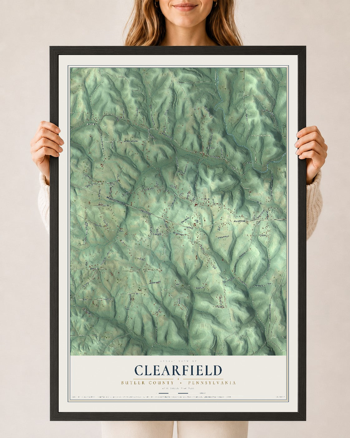 Map of Clearfield, Butler County, Pennsylvania, 24 x 36 inch print in a black wood frame
