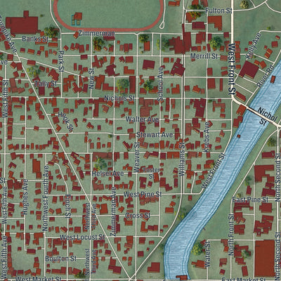 Close-up of the map of Clearfield, Clearfield County, Pennsylvania print showing street and building detail