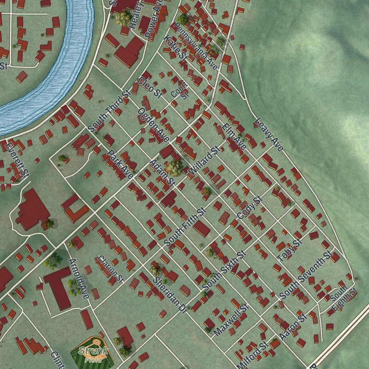 Second close-up of the map of Clearfield, Clearfield County, Pennsylvania print showing more streets and buildings