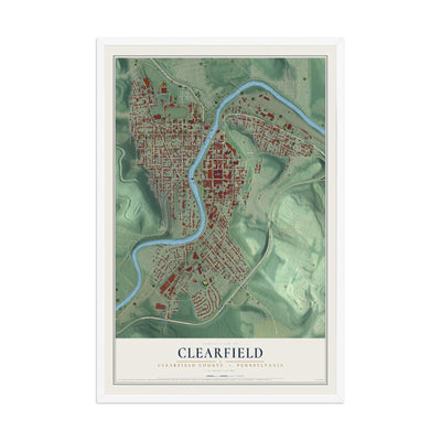 Map of Clearfield, Clearfield County, Pennsylvania, 12 x 18 inch print in a white wood frame