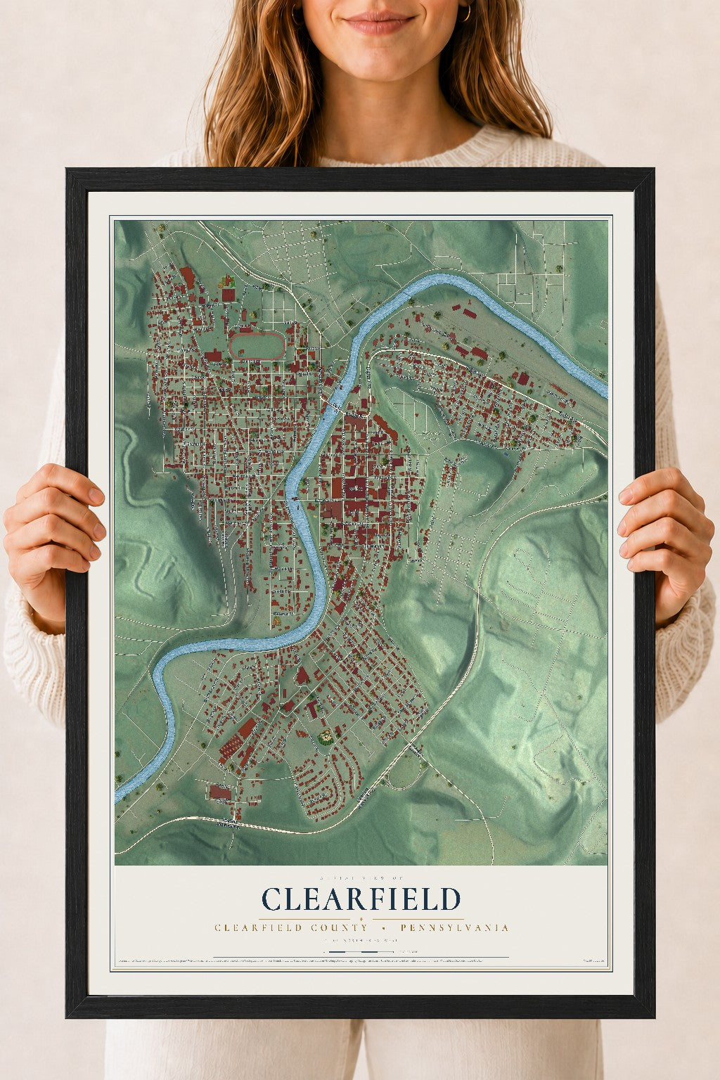 Map of Clearfield, Clearfield County, Pennsylvania, 18 x 24 inch print in a black wood frame