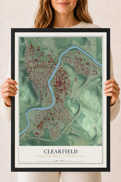 Map of Clearfield, Clearfield County, Pennsylvania, 18 x 24 inch print in a black wood frame