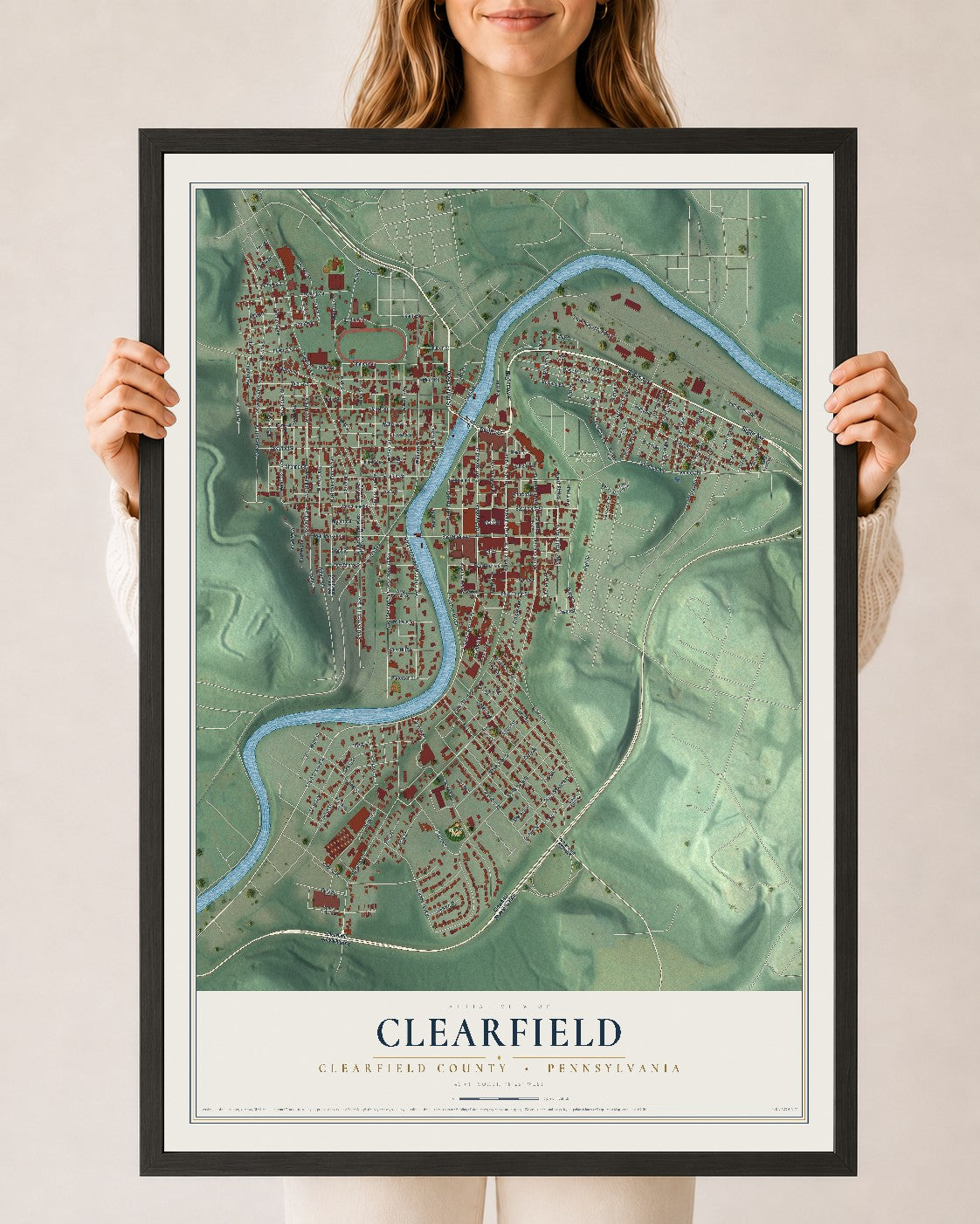 Map of Clearfield, Clearfield County, Pennsylvania, 24 x 36 inch print in a black wood frame