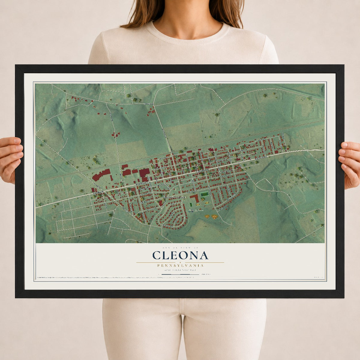 Map of Cleona, Pennsylvania, 18 x 24 inch print in a black wood frame