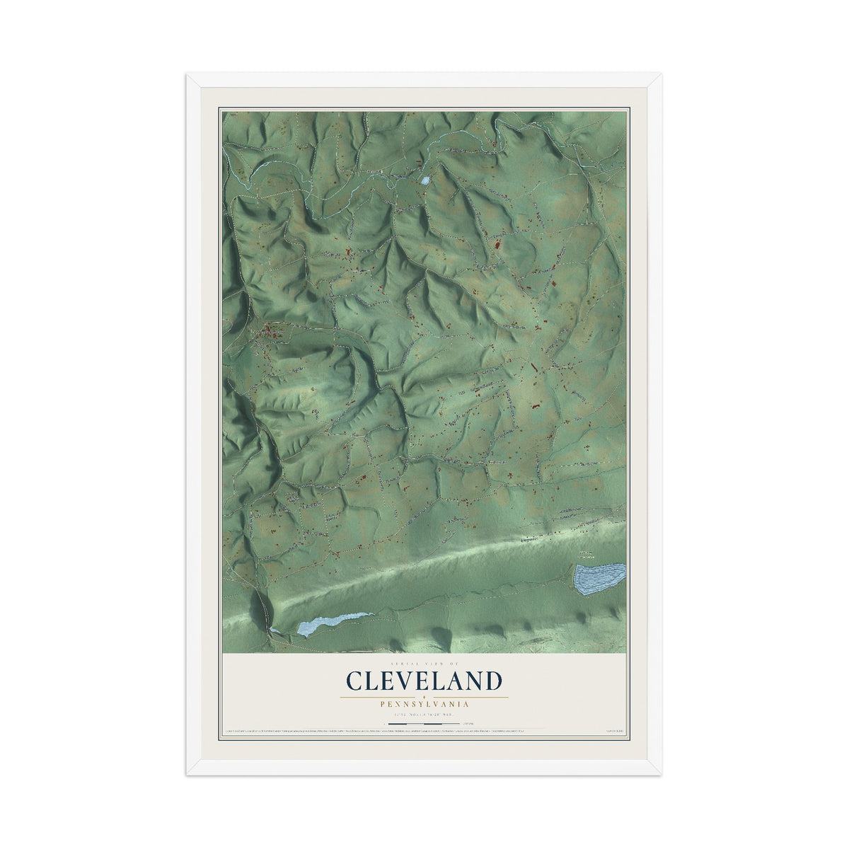 Map of Cleveland, Pennsylvania, 12 x 18 inch print in a white wood frame