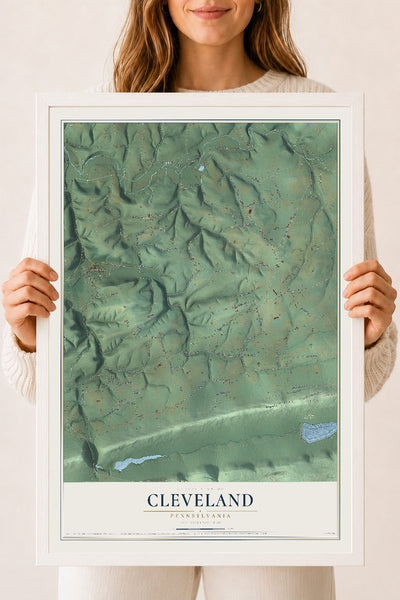Map of Cleveland, Pennsylvania, 18 x 24 inch print in a white wood frame