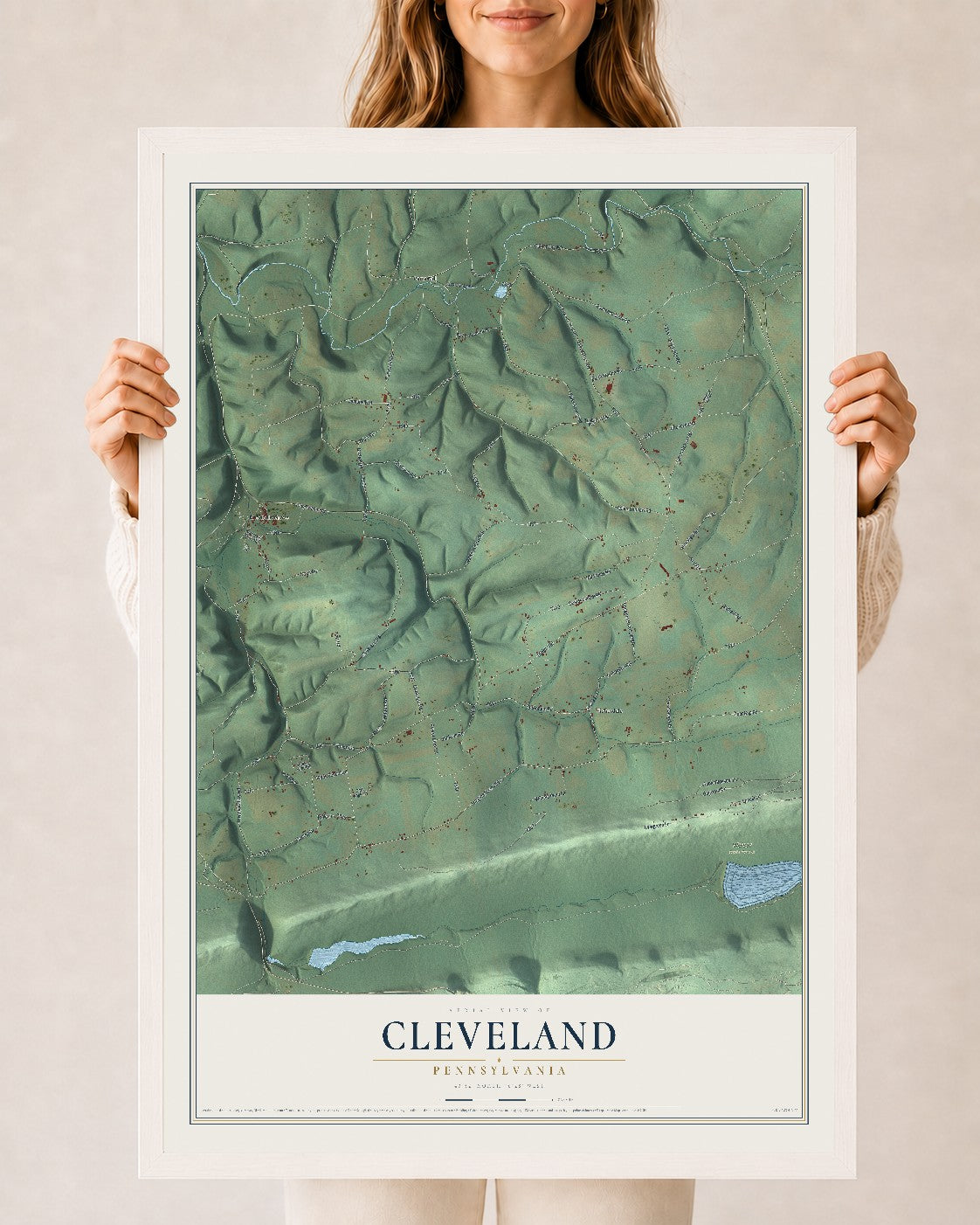 Map of Cleveland, Pennsylvania, 24 x 36 inch print in a white wood frame