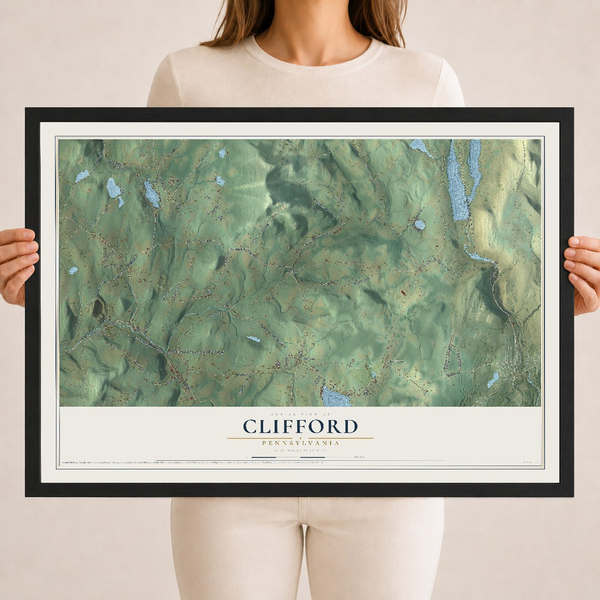 Map of Clifford, Pennsylvania, 18 x 24 inch print in a black wood frame