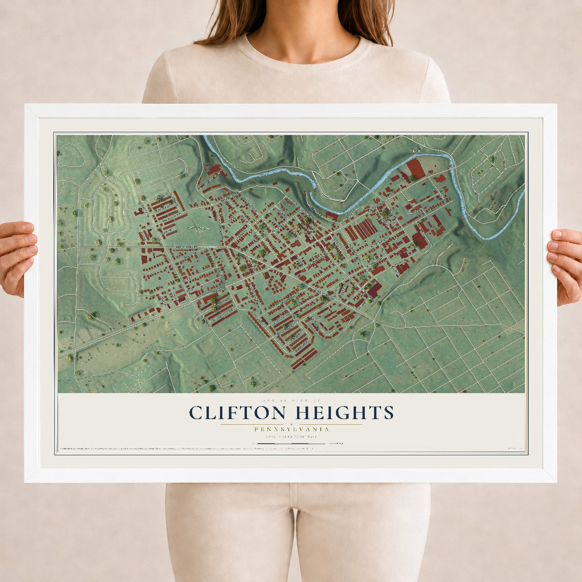 Map of Clifton Heights, Pennsylvania, 18 x 24 inch print in a white wood frame
