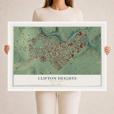 Map of Clifton Heights, Pennsylvania, 24 x 36 inch print in a white wood frame